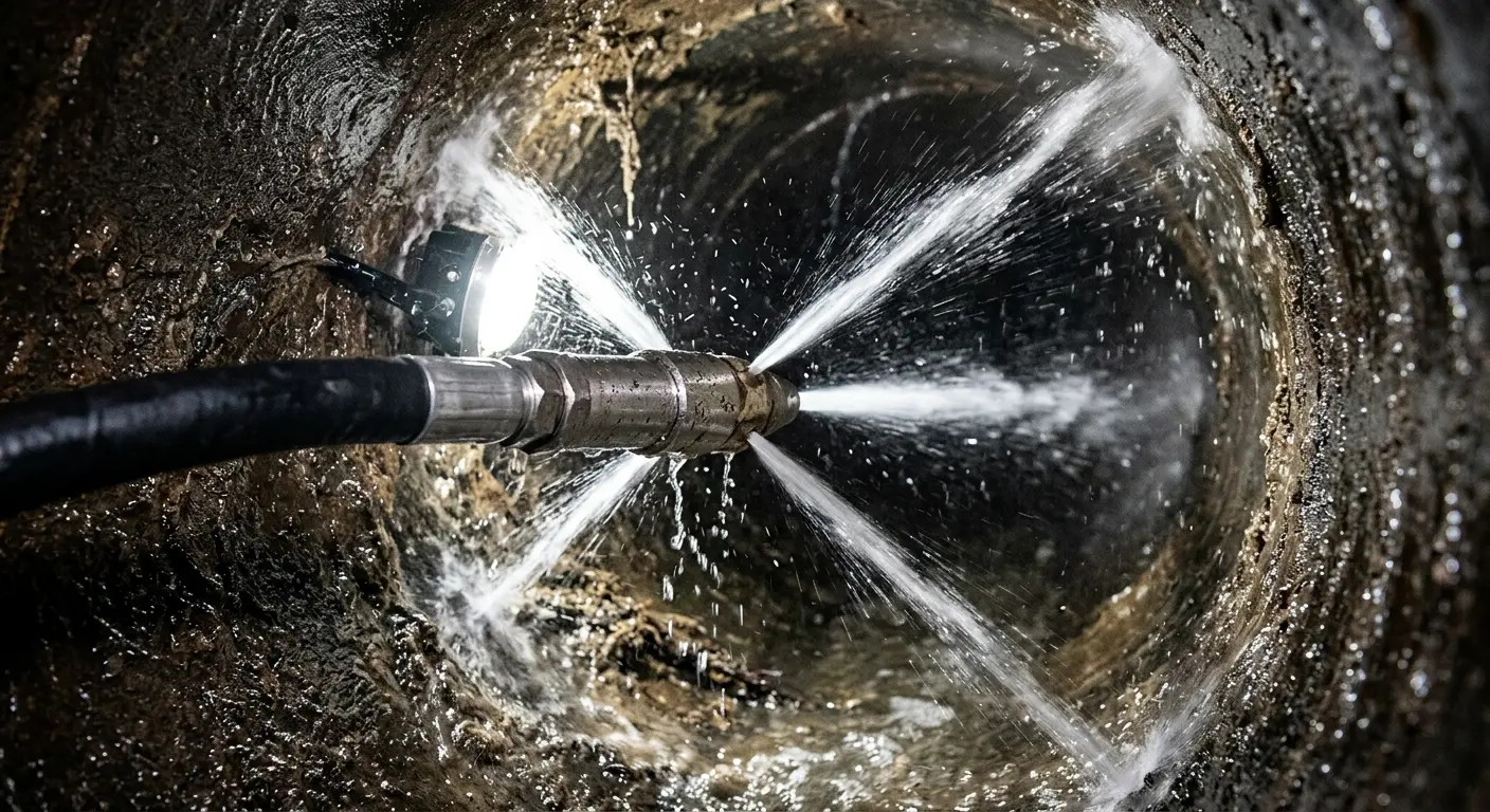 High-pressure hydro jetting nozzle cleaning sewer pipe for Emergency Drain Service in Navarre