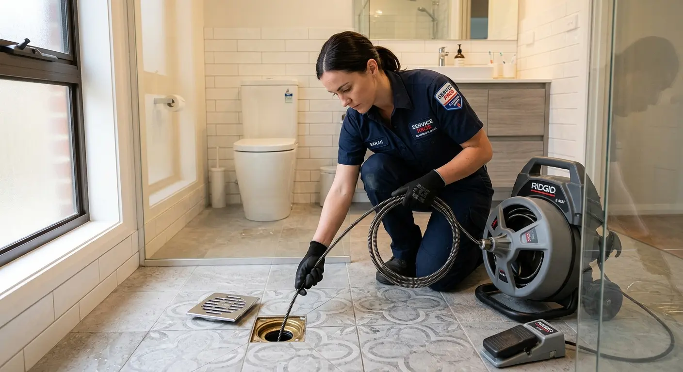Technician clearing a bathroom floor drain for Hydro Jetting in Navarre